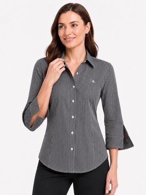 Lauren Ralph Lauren Petite Non Iron Pinstripe Shirt PM Black White 3/4 Sleeve